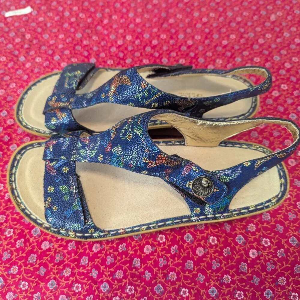 NWOT Alegria Platform Sandals‎ Kendra Blue Birdland Mosaic Print Leather T Strap